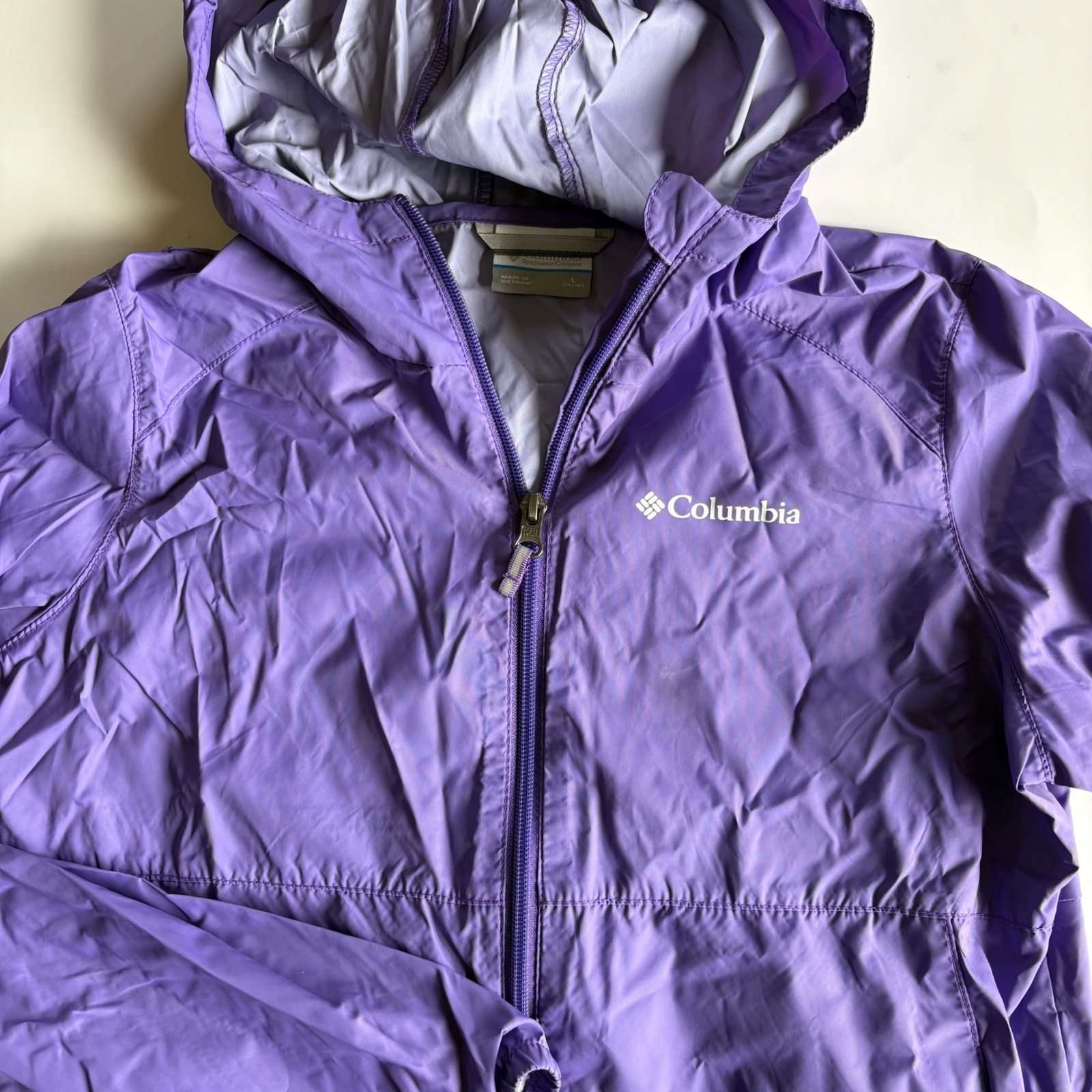 Columbia Girls Purple Hooded Windbreaker Jacket Size L 14/16 Full Zip
